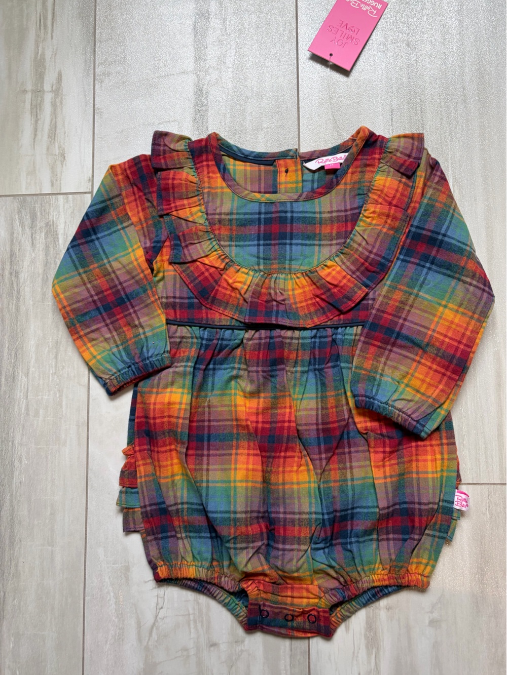 NWT RuffleButts Storybook Rainbow Plaid Ruffled Long Sleeve Bubble Romper 2T